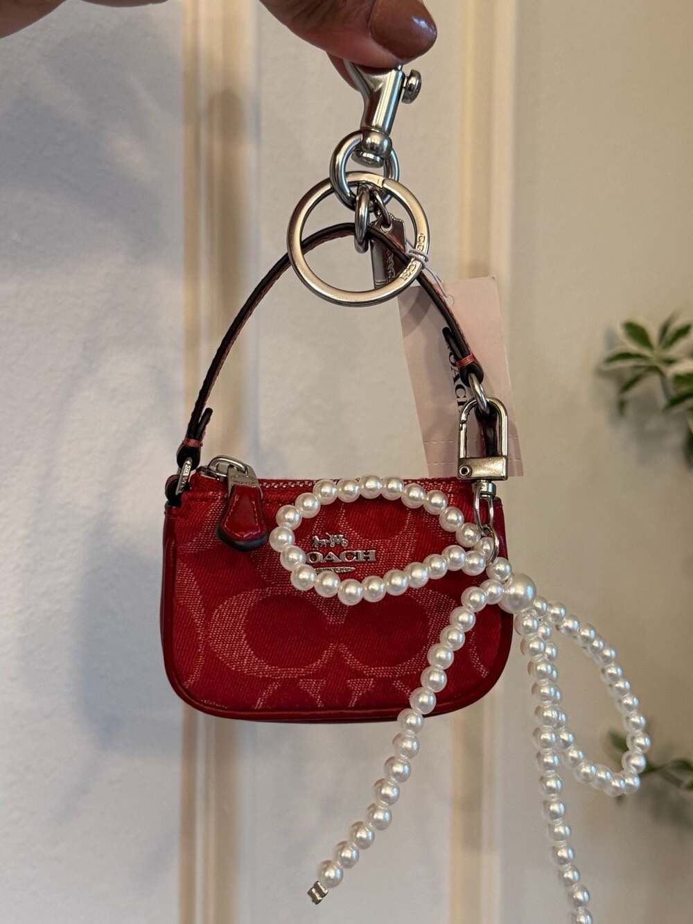 Coach Signature Denim Mini Bag Charm Red with Pearl Strand